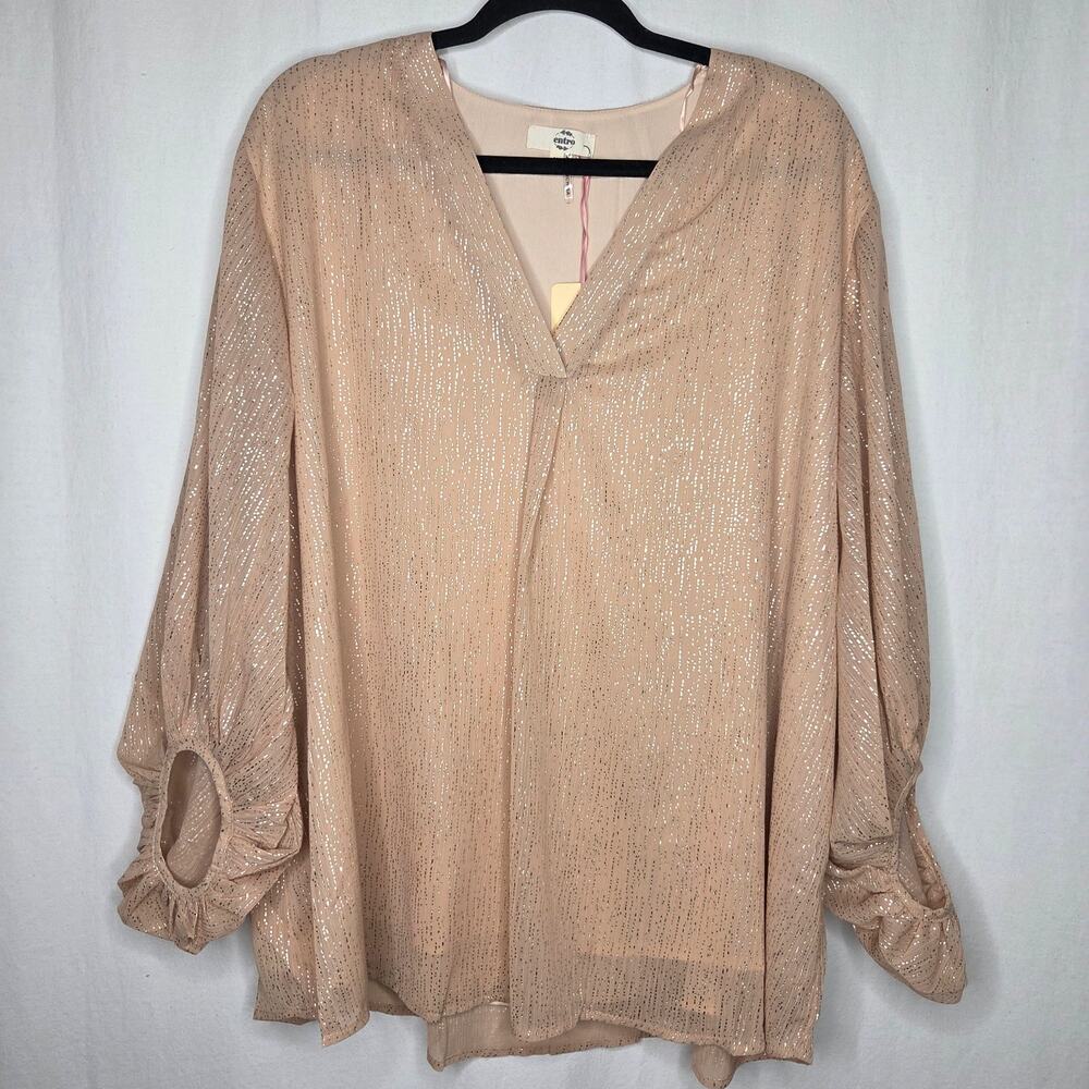 ENTRO Champagne Gold Shimmer Blouse Balloon 3/4 Sleeve V Neck NEW Plus Size 1X